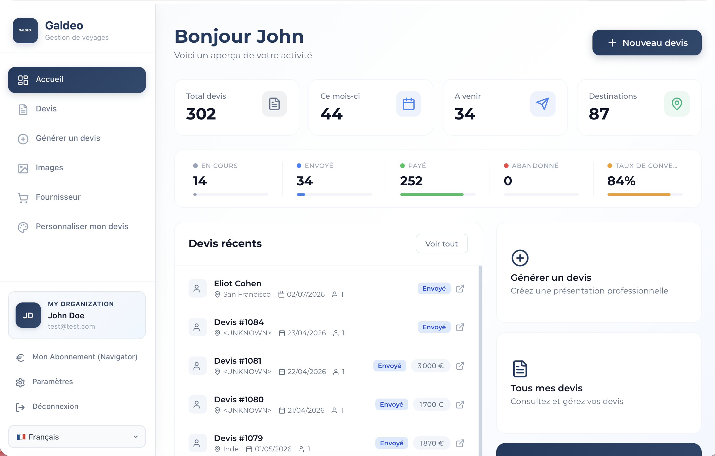 Tableau de bord Galdeo — création de devis par IA